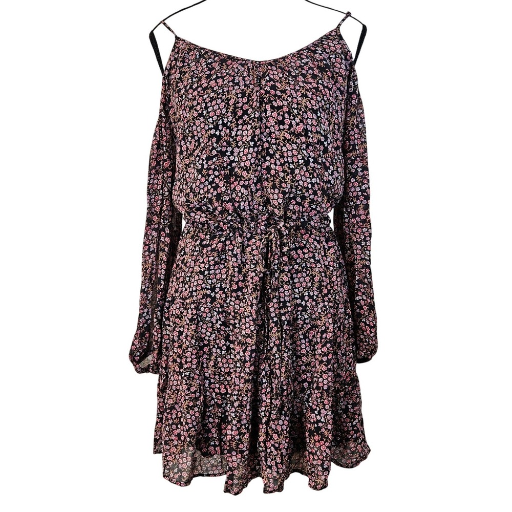 PAIGE 100% Silk‎ Woodstock Floral Cold Shoulder Dress S Ruffle Whimsigoth Boho